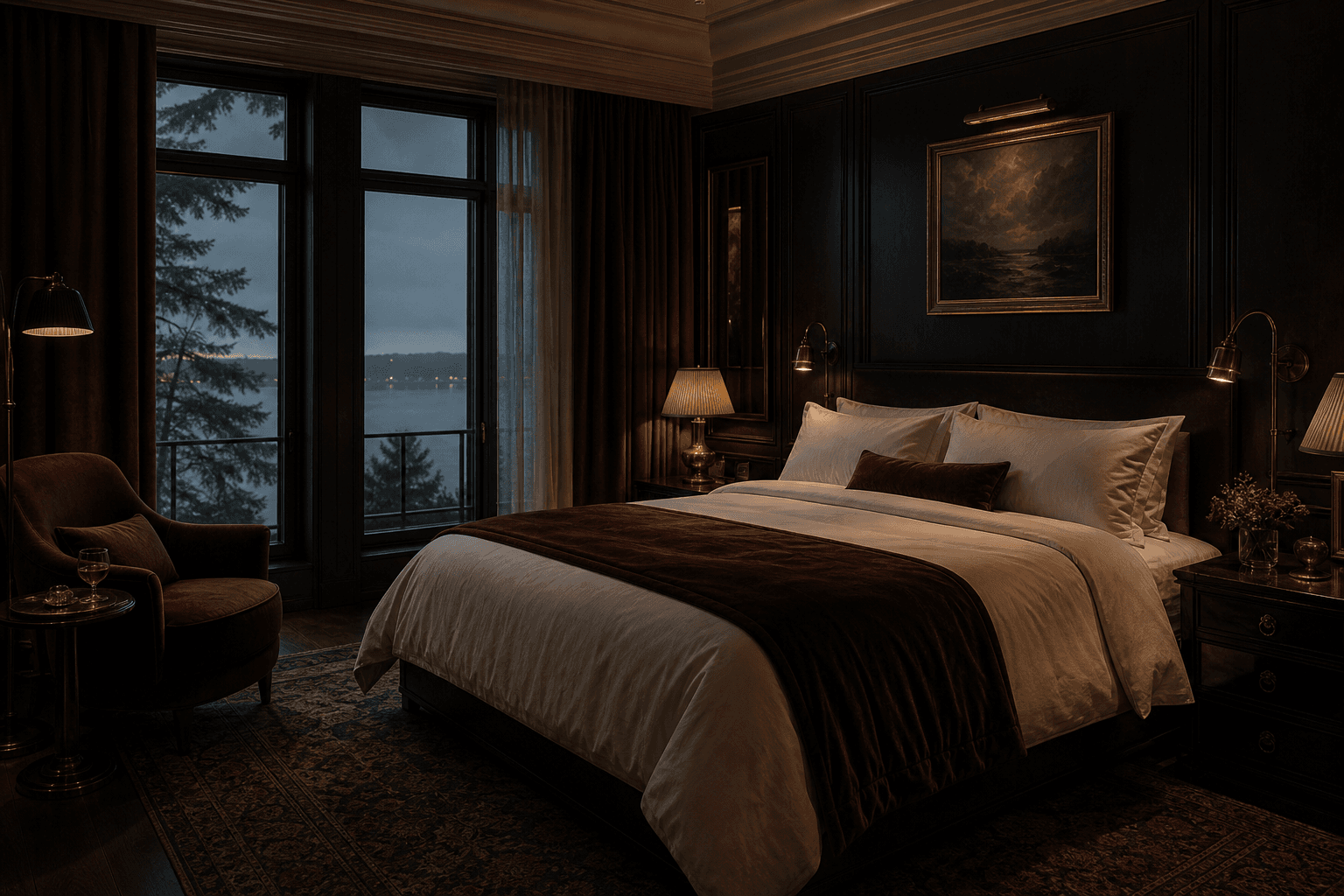 Dark paneled suite with lake view and oxblood velvet